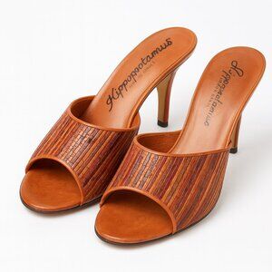 Hippopotamus Brazil Woven Leather Slip-On Peep-Toe Mule Heels Shoes Size 7.5M